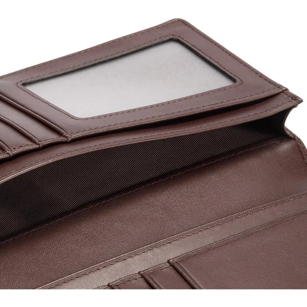 Men's Dark Coffee Full Grain Leather Long Bifold Wallet Credit Card Slots Style